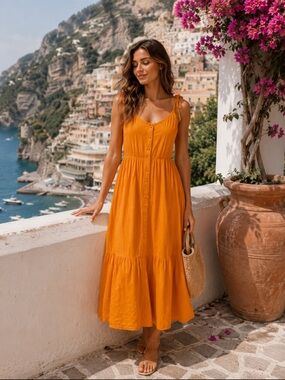& Other Stories Marigold Yellow Button Front Tie Strap Midi Dress XS NWT